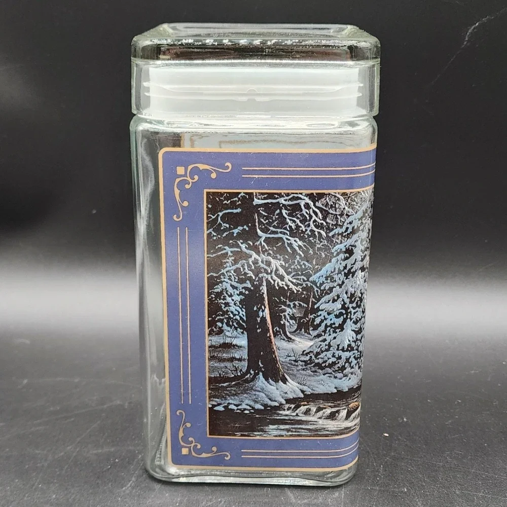Jesse Barnes Blue New Fallen Snow Glass Storage Jar Canister Winter Cabin Art